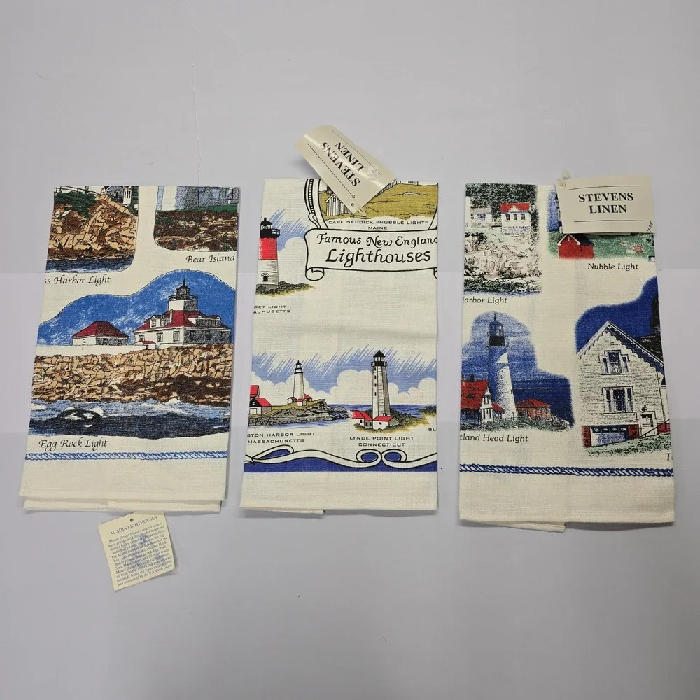 Linen New England Lighthouses Tea Towel Set‎ of 3 Maine Acadia Souvenir NWT